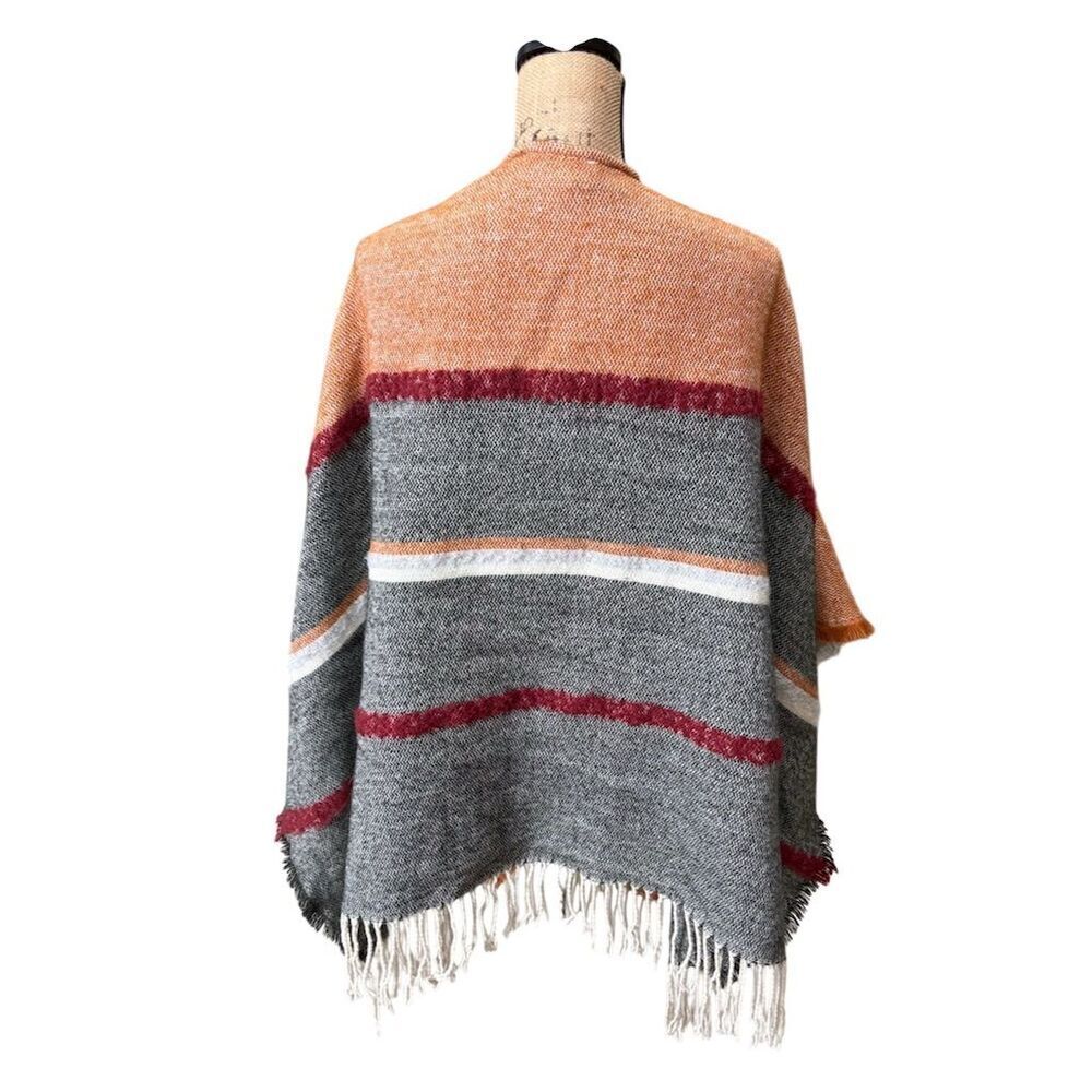 3/$15 Ana Women's Striped Poncho Gray & Orange Fringe One Size - Picture 7 of 8